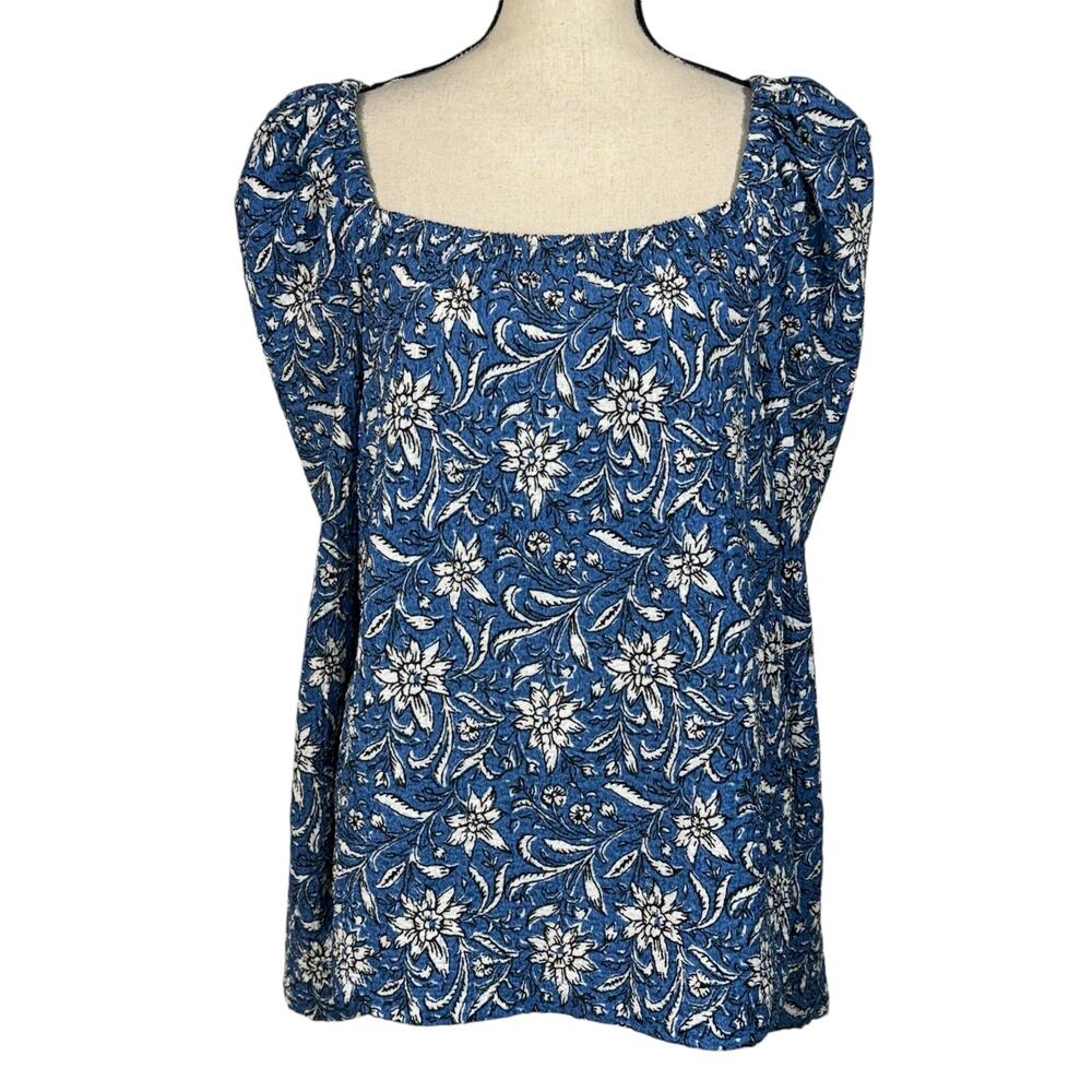 LOFT Large Top Floral Puff Sleeves Stretch Square Neck Crinkle Fabric Blue White
